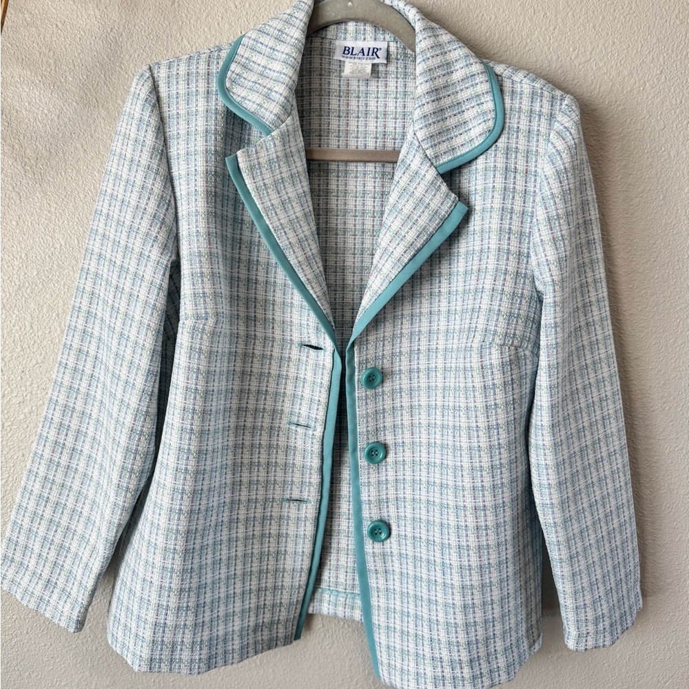 VTG Blair Women's Plaid Blazer - Light Blue and White